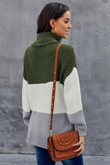 Green Gray Color Block Turtleneck Pullover Sweater - VirtuousWares:Global