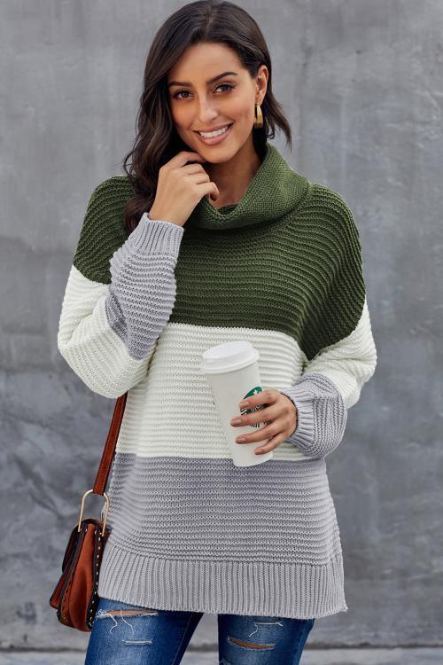 Green Gray Color Block Turtleneck Pullover Sweater - VirtuousWares:Global