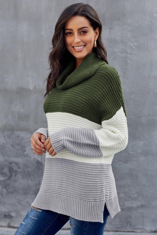 Green Gray Color Block Turtleneck Pullover Sweater - VirtuousWares:Global