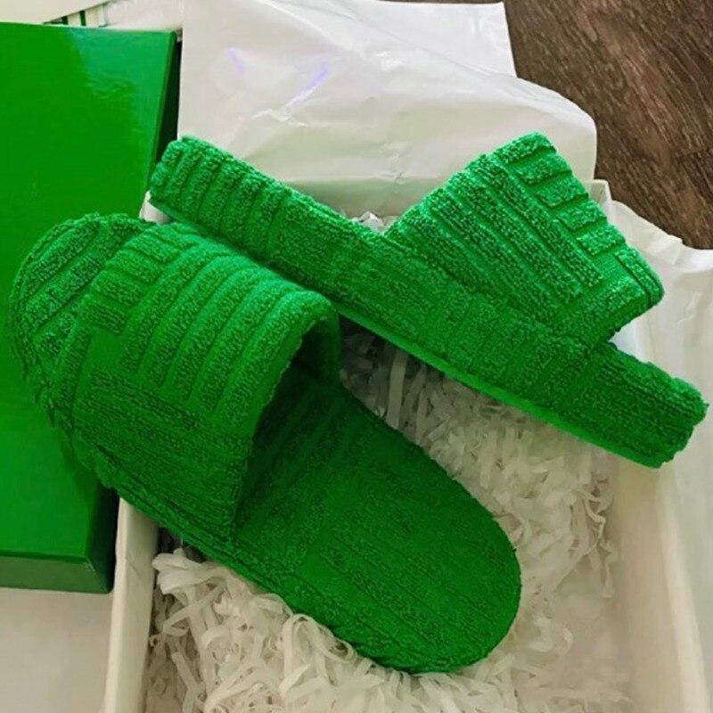 Green Luxury Peep Toe Thick Sole Women Slippers Corduroy Flat Slides - VirtuousWares:Global
