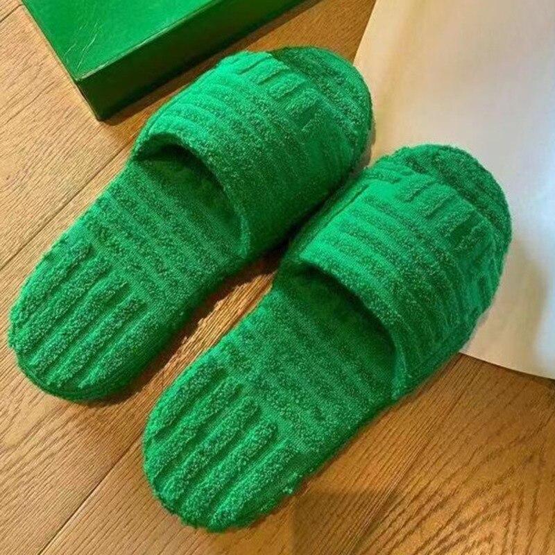 Green Luxury Peep Toe Thick Sole Women Slippers Corduroy Flat Slides - VirtuousWares:Global