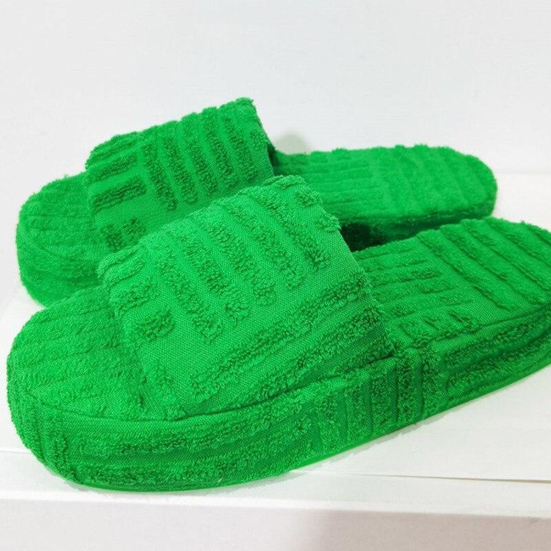 Green Luxury Peep Toe Thick Sole Women Slippers Corduroy Flat Slides - VirtuousWares:Global