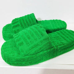 Green Luxury Peep Toe Thick Sole Women Slippers Corduroy Flat Slides - VirtuousWares:Global