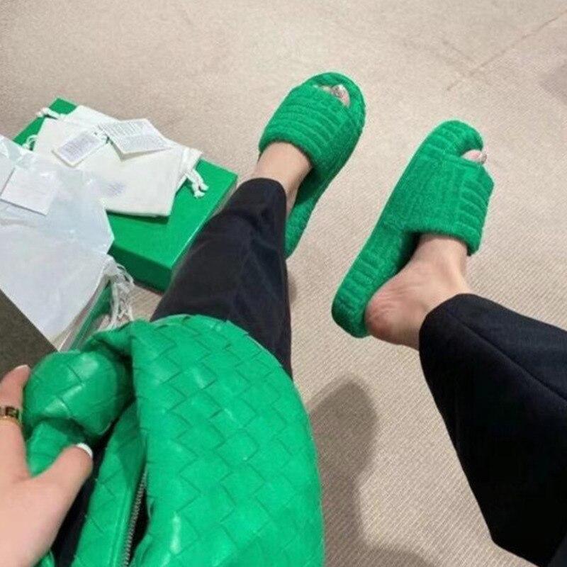 Green Luxury Peep Toe Thick Sole Women Slippers Corduroy Flat Slides - VirtuousWares:Global