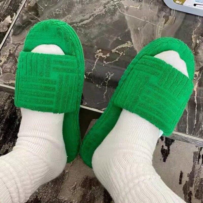 Green Luxury Peep Toe Thick Sole Women Slippers Corduroy Flat Slides - VirtuousWares:Global