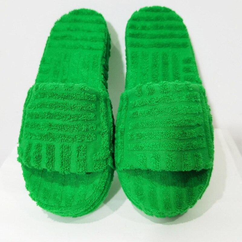 Green Luxury Peep Toe Thick Sole Women Slippers Corduroy Flat Slides - VirtuousWares:Global
