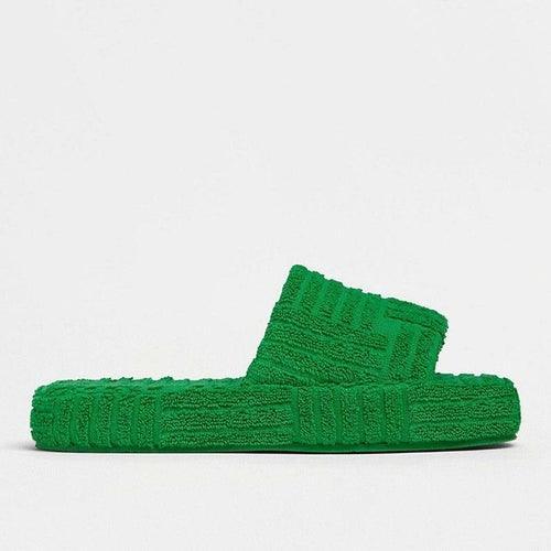 Green Luxury Peep Toe Thick Sole Women Slippers Corduroy Flat Slides - VirtuousWares:Global