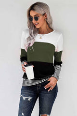 Green Stylish Colorblock Splicing Stripes Long Sleeve Top - VirtuousWares:Global