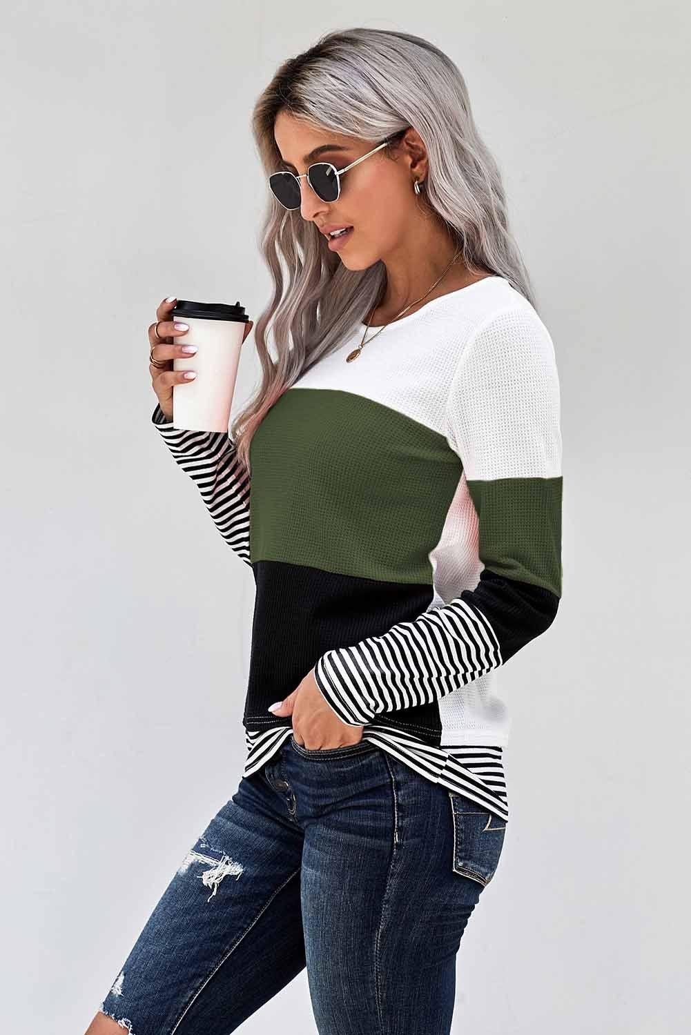 Green Stylish Colorblock Splicing Stripes Long Sleeve Top - VirtuousWares:Global