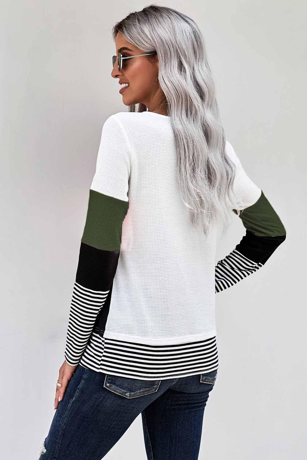 Green Stylish Colorblock Splicing Stripes Long Sleeve Top - VirtuousWares:Global