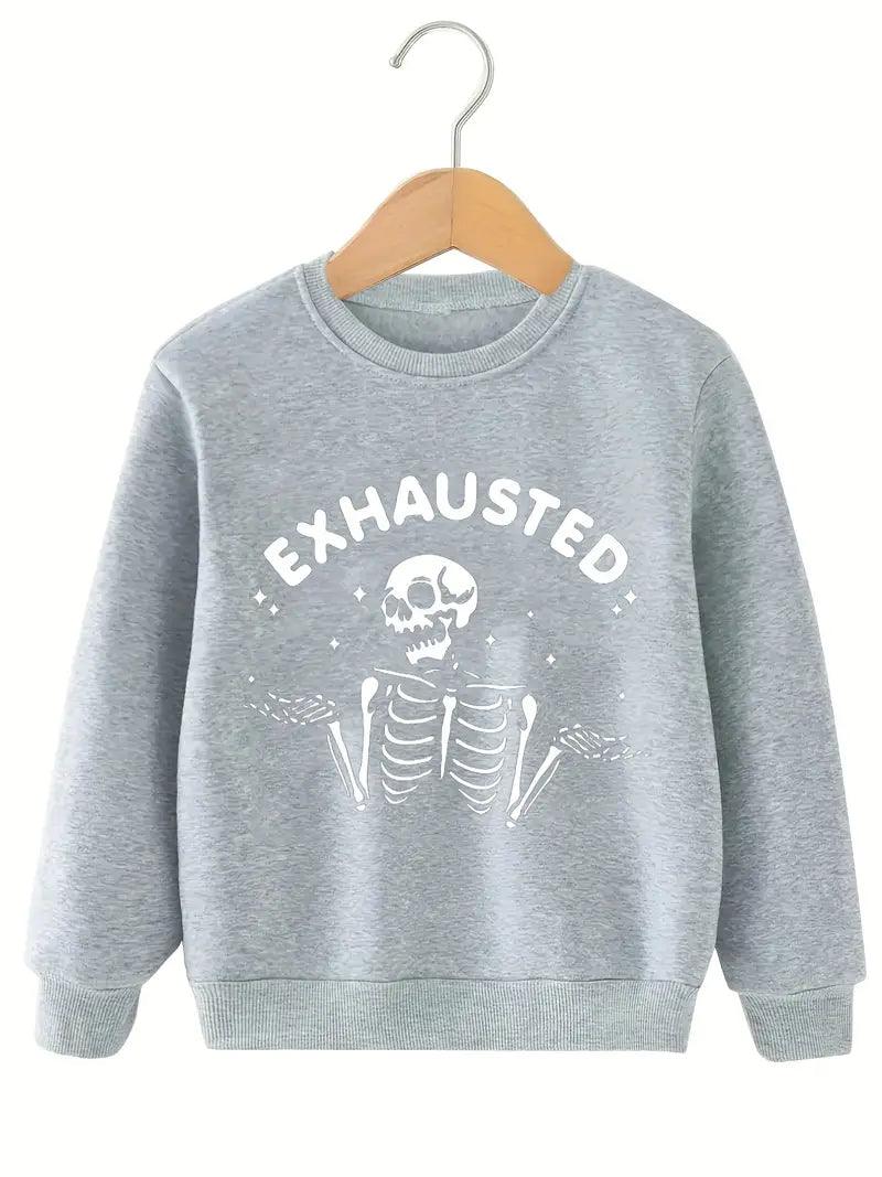 Halloween TWEEN Sweatshirt - Exhausted Skelly Skeleton (Gray) - VirtuousWares:Global