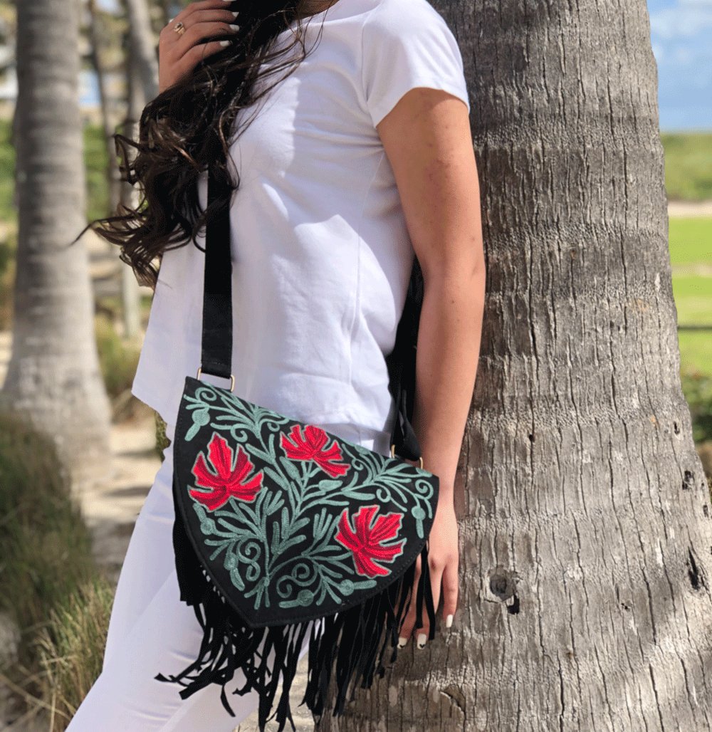 Handmade Green and Red Suede Embroidered Heart Shaped Bag - VirtuousWares:Global