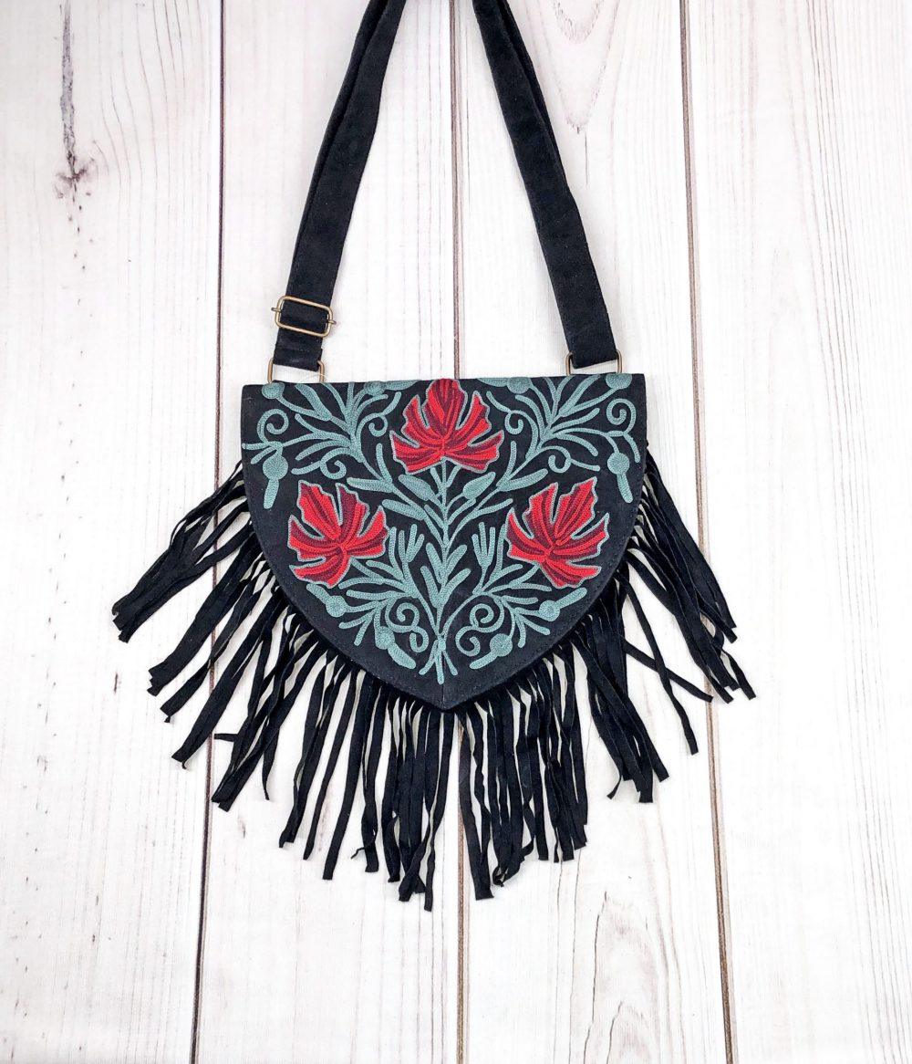 Handmade Green and Red Suede Embroidered Heart Shaped Bag - VirtuousWares:Global