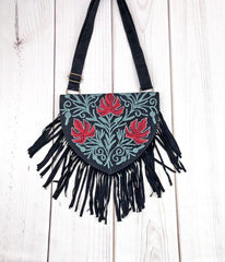 Handmade Green and Red Suede Embroidered Heart Shaped Bag - VirtuousWares:Global