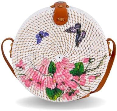 Handwoven Round Rattan Bag with Leather Shoulder Strap - VirtuousWares:Global