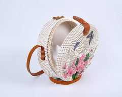Handwoven Round Rattan Bag with Leather Shoulder Strap - VirtuousWares:Global