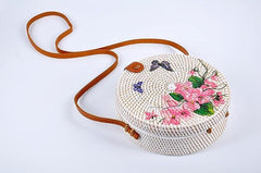 Handwoven Round Rattan Bag with Leather Shoulder Strap - VirtuousWares:Global