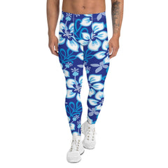 Hawaiian Hibiscus Leggings for Men in Ocean Blue - VirtuousWares:Global