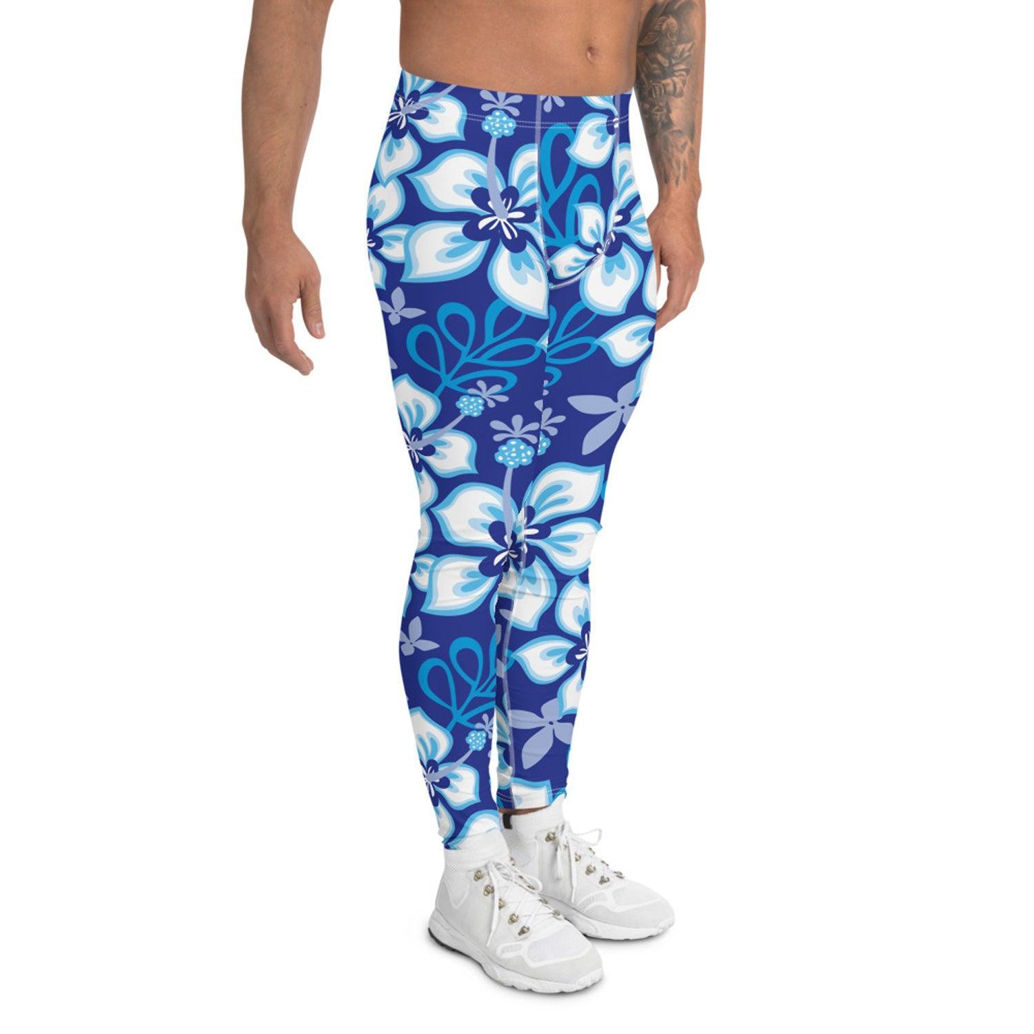 Hawaiian Hibiscus Leggings for Men in Ocean Blue - VirtuousWares:Global