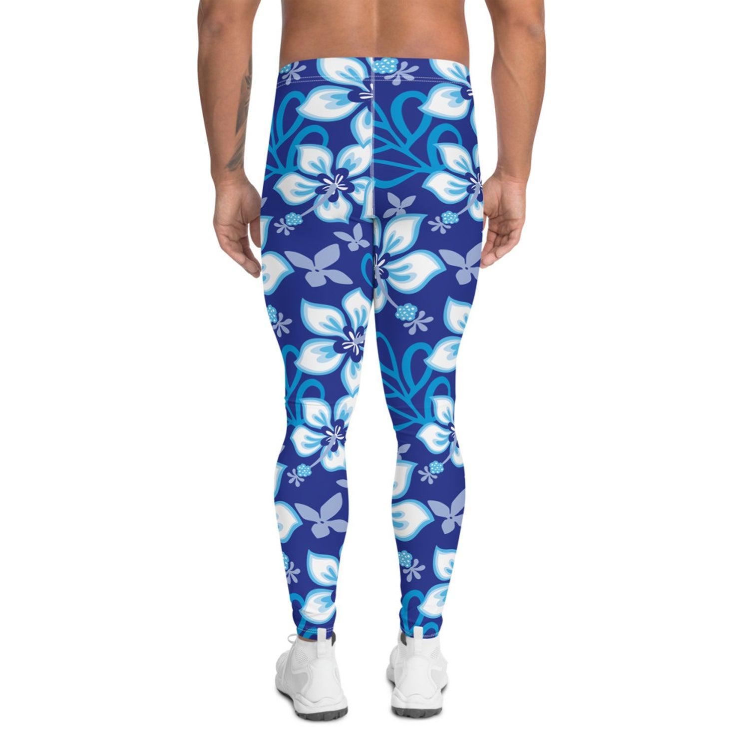 Hawaiian Hibiscus Leggings for Men in Ocean Blue - VirtuousWares:Global