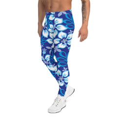 Hawaiian Hibiscus Leggings for Men in Ocean Blue - VirtuousWares:Global