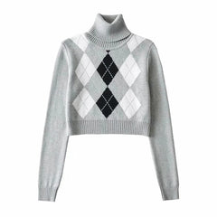 High Neck Printed Geometric Sweater Crop Pullover - VirtuousWares:Global