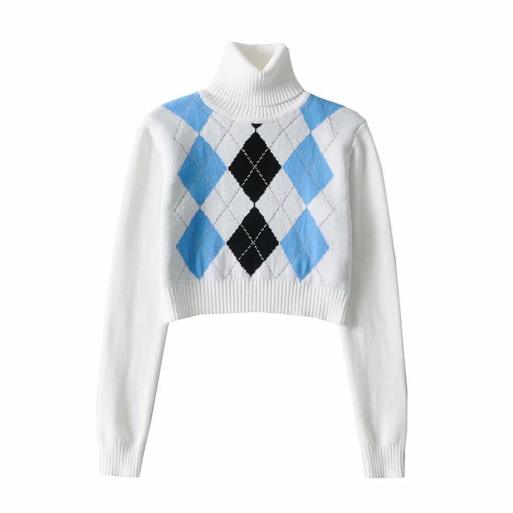 High Neck Printed Geometric Sweater Crop Pullover - VirtuousWares:Global