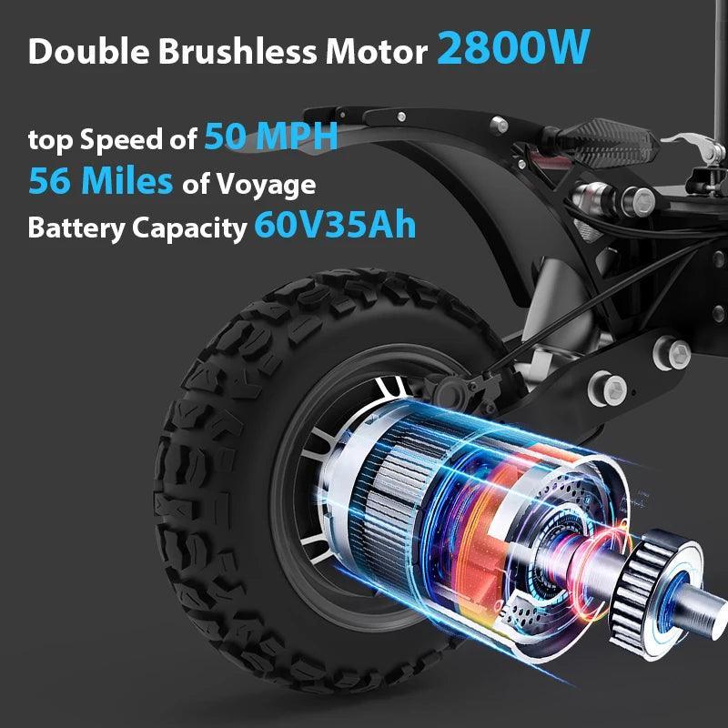 High Power Electric Scooter Dual-Drive 5600W Motors Up To 50 MPH 11 Inch Tubeless Off Road Tires With Detachable Seat - VirtuousWares:Global