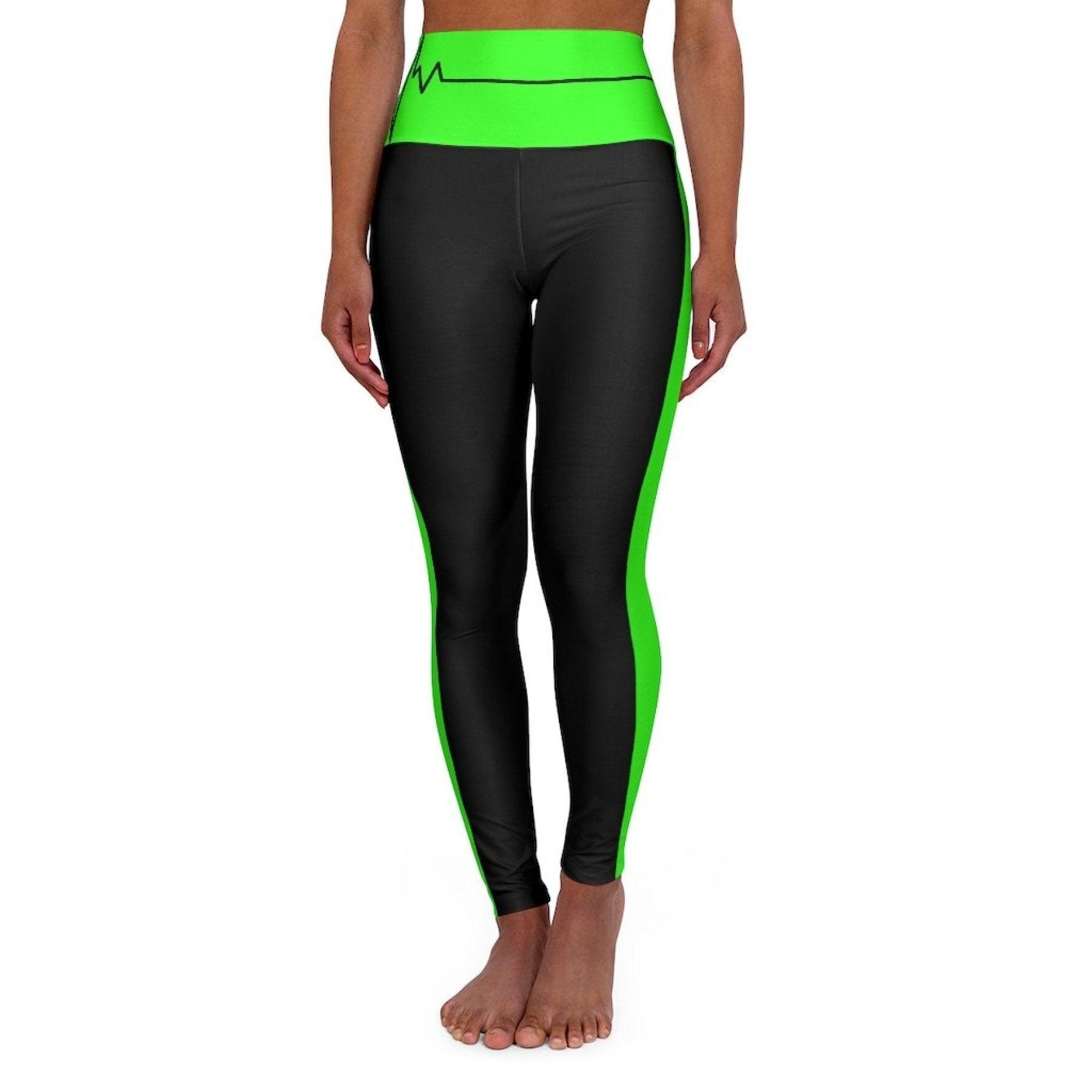 High Waisted Yoga Leggings, Black And Neon Green Beating Heart Sports - VirtuousWares:Global