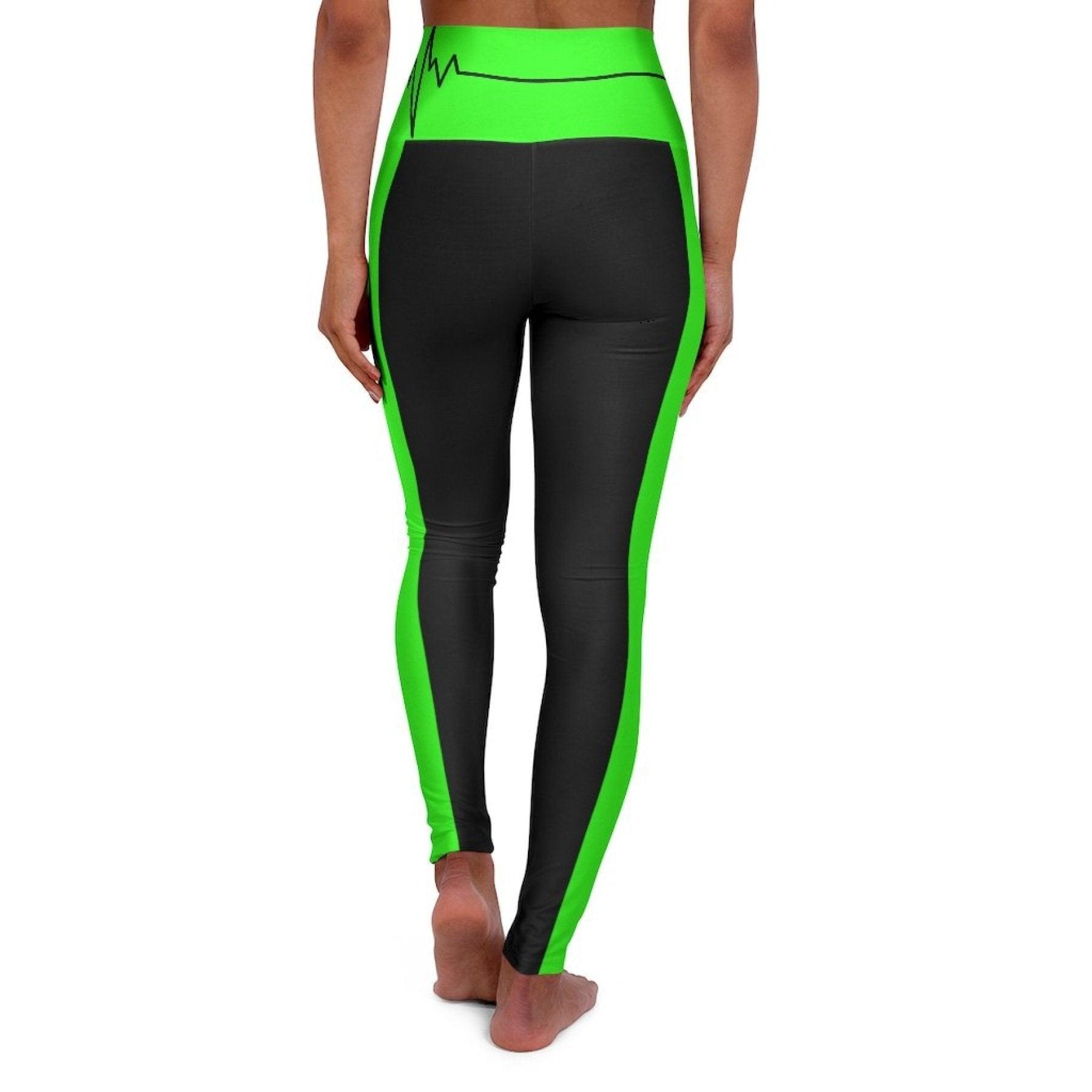 High Waisted Yoga Leggings, Black And Neon Green Beating Heart Sports - VirtuousWares:Global