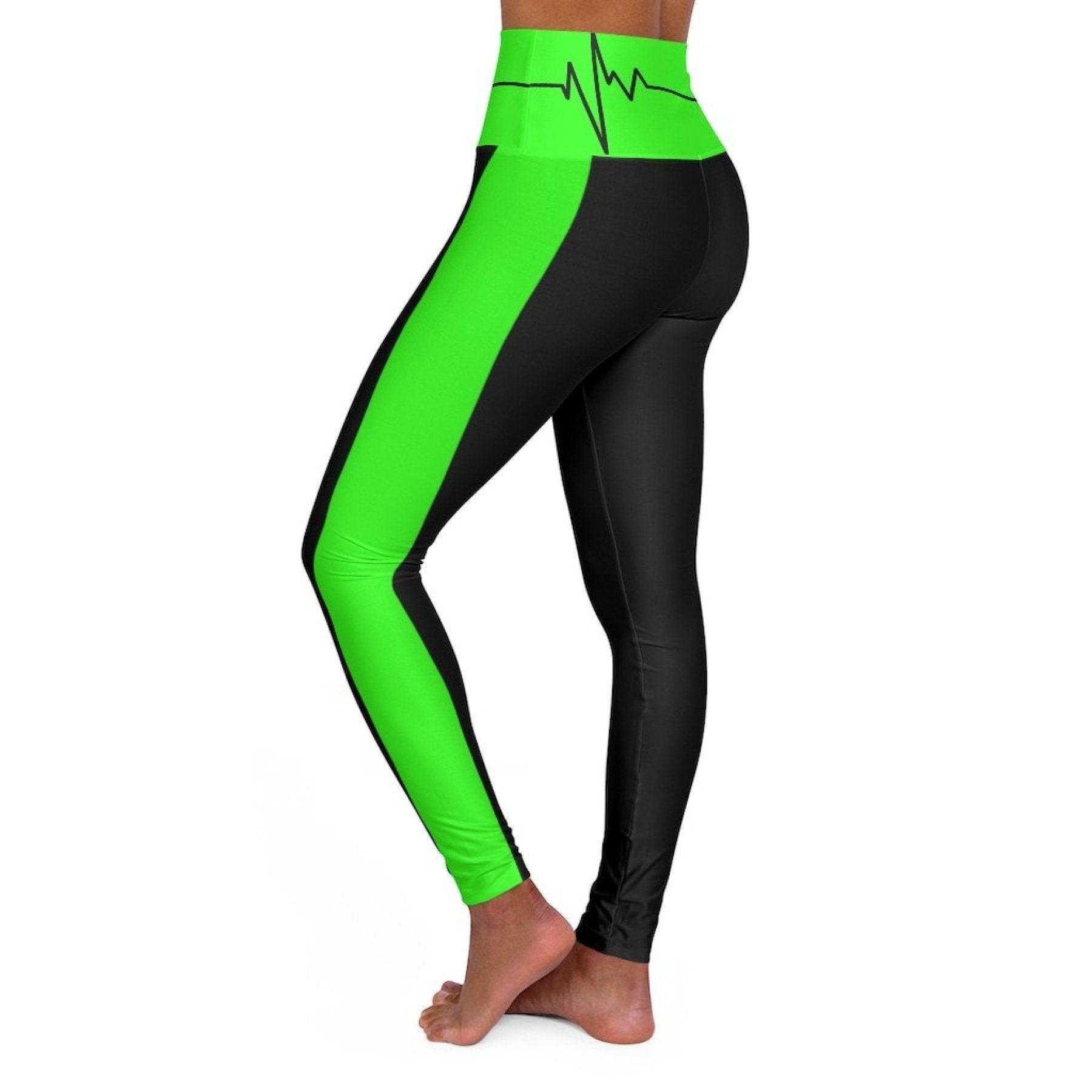 High Waisted Yoga Leggings, Black And Neon Green Beating Heart Sports - VirtuousWares:Global