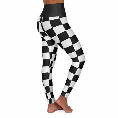 High Waisted Yoga Leggings, Black And White Checker Style Fitness - VirtuousWares:Global