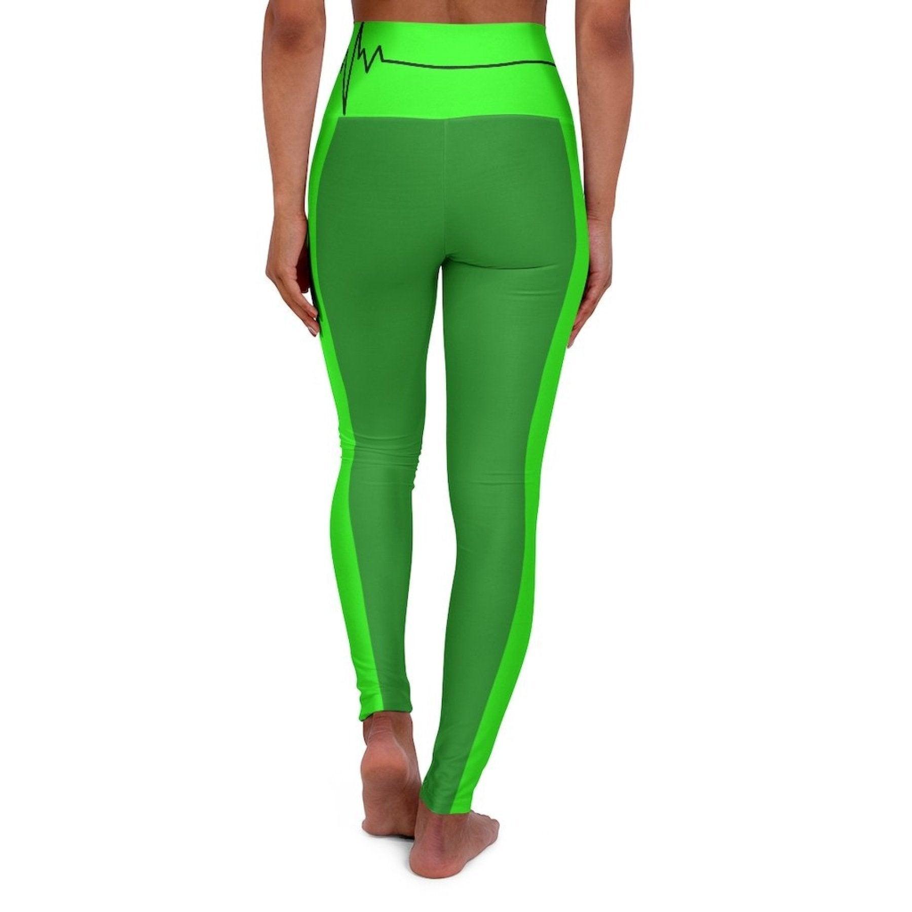 High Waisted Yoga Leggings, Forest Green And Neon Green Black Bordered - VirtuousWares:Global