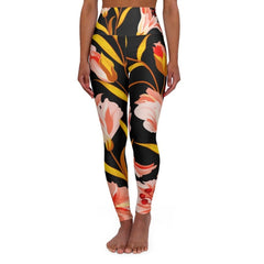 High Waisted Yoga Leggings, Pink And Gold Floral - VirtuousWares:Global