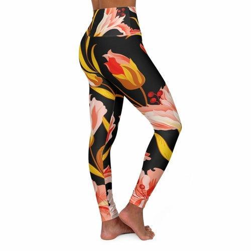 High Waisted Yoga Leggings, Pink And Gold Floral - VirtuousWares:Global