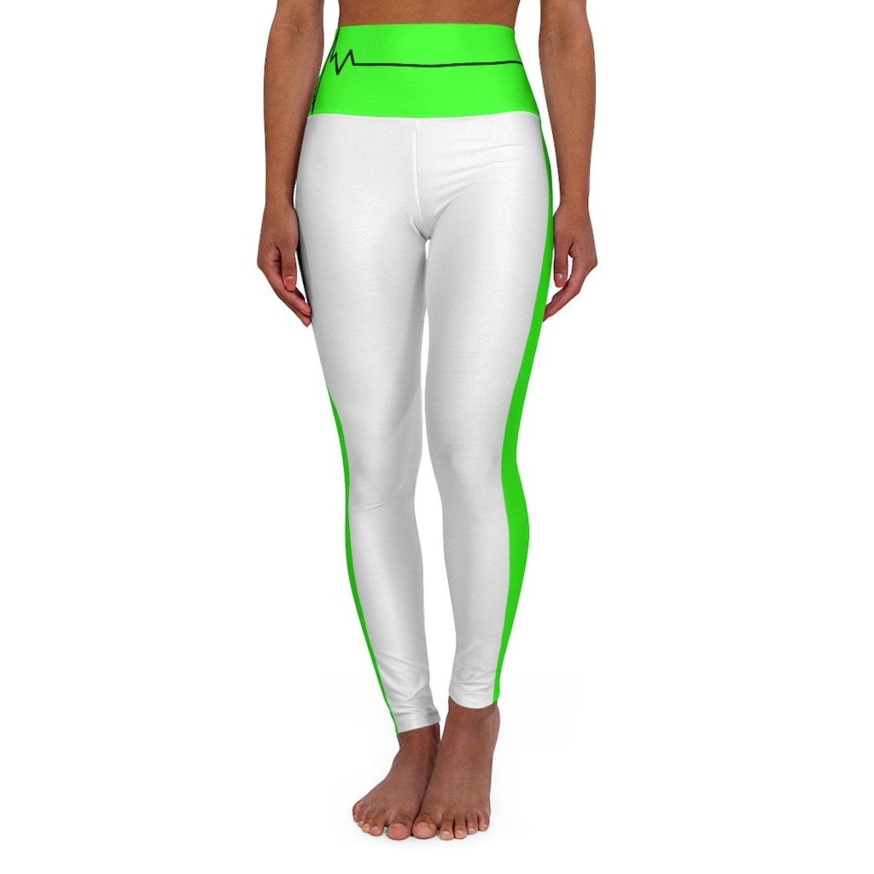 High Waisted Yoga Leggings, White And Neon Green Black Bordered - VirtuousWares:Global