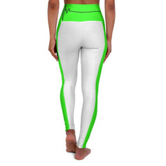 High Waisted Yoga Leggings, White And Neon Green Black Bordered - VirtuousWares:Global