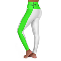 High Waisted Yoga Leggings, White And Neon Green Black Bordered - VirtuousWares:Global