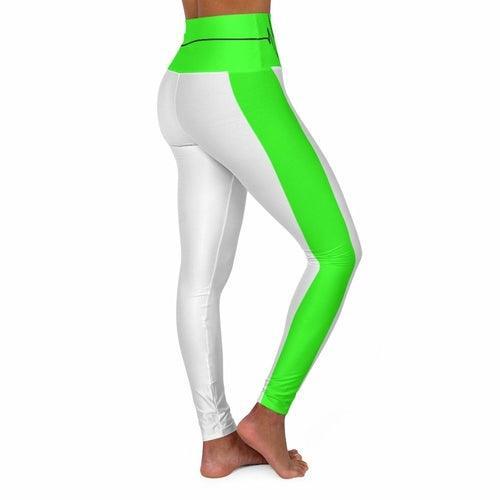 High Waisted Yoga Leggings, White And Neon Green Black Bordered - VirtuousWares:Global