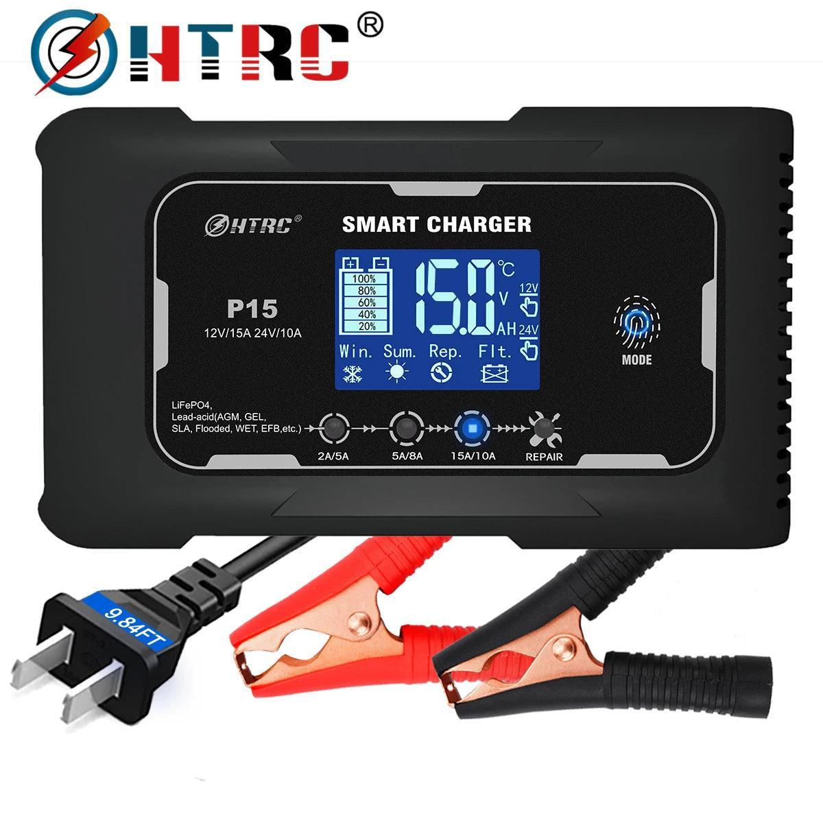 HTRC 12V/24V Car Motorcycle Charger 10A/15A/20A For Lithium LiFePO4 AGM GEL Lead-Acid Battery Automatic LiFePO4 Battery Charger - VirtuousWares:Global