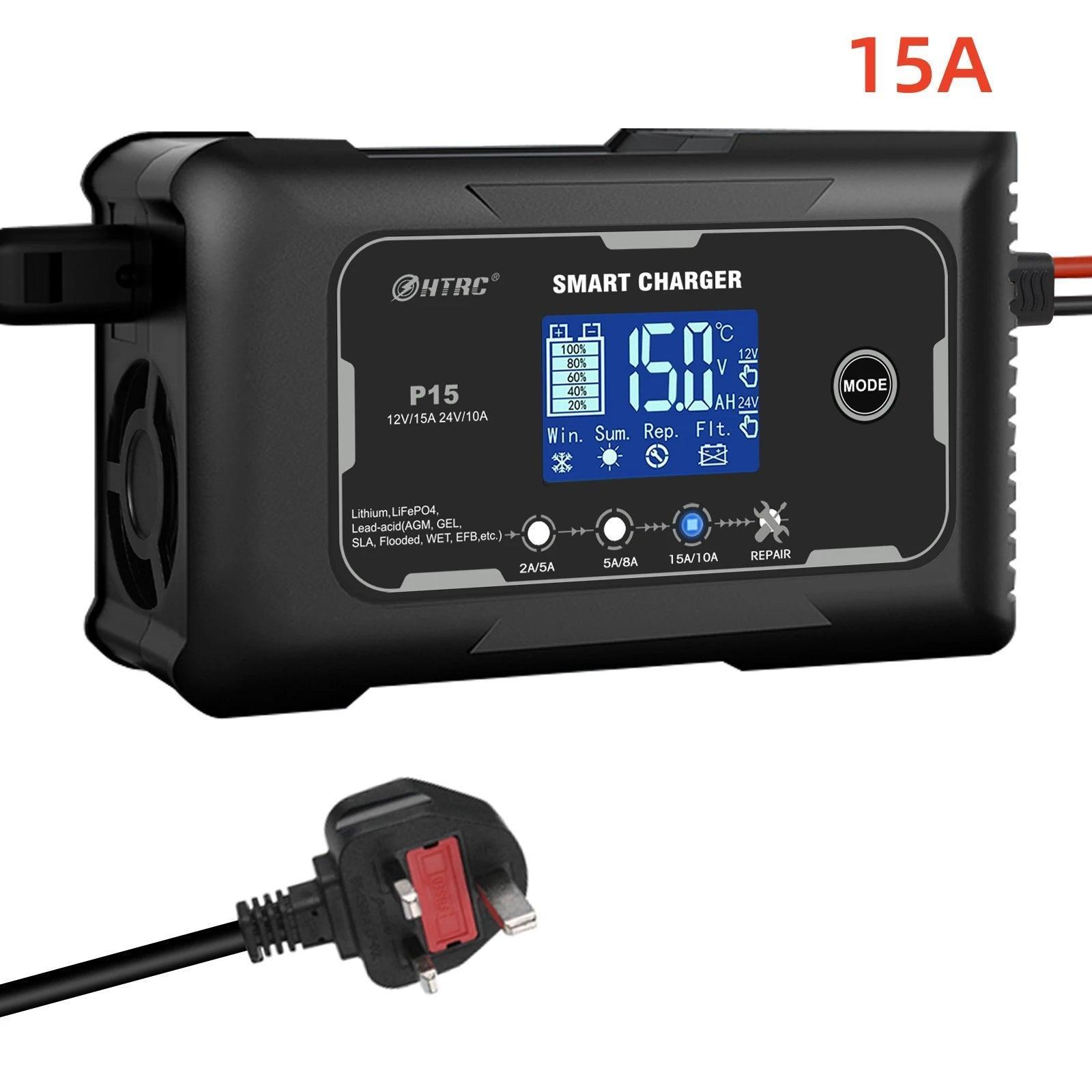 HTRC 12V/24V Car Motorcycle Charger 10A/15A/20A For Lithium LiFePO4 AGM GEL Lead-Acid Battery Automatic LiFePO4 Battery Charger - VirtuousWares:Global