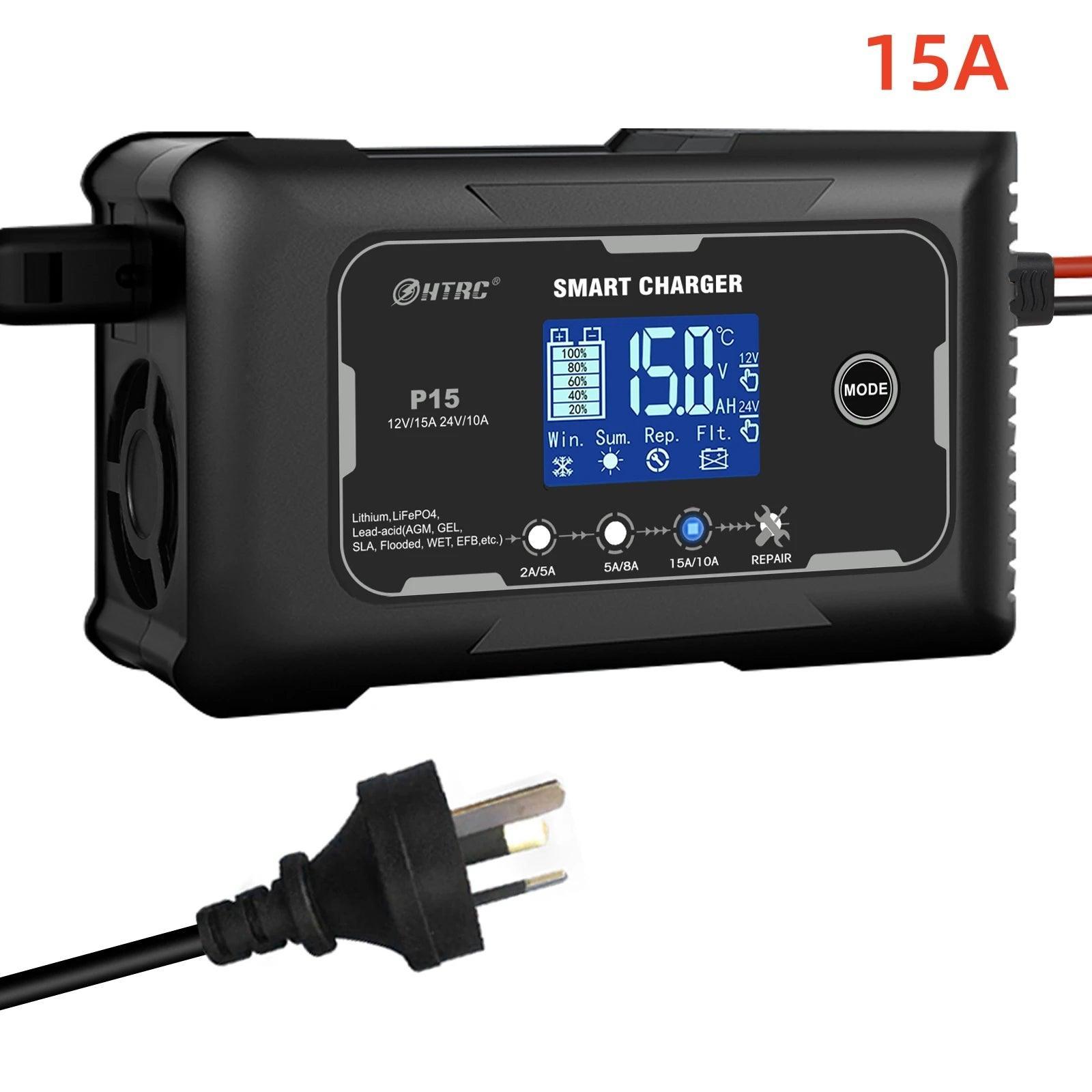 HTRC 12V/24V Car Motorcycle Charger 10A/15A/20A For Lithium LiFePO4 AGM GEL Lead-Acid Battery Automatic LiFePO4 Battery Charger - VirtuousWares:Global