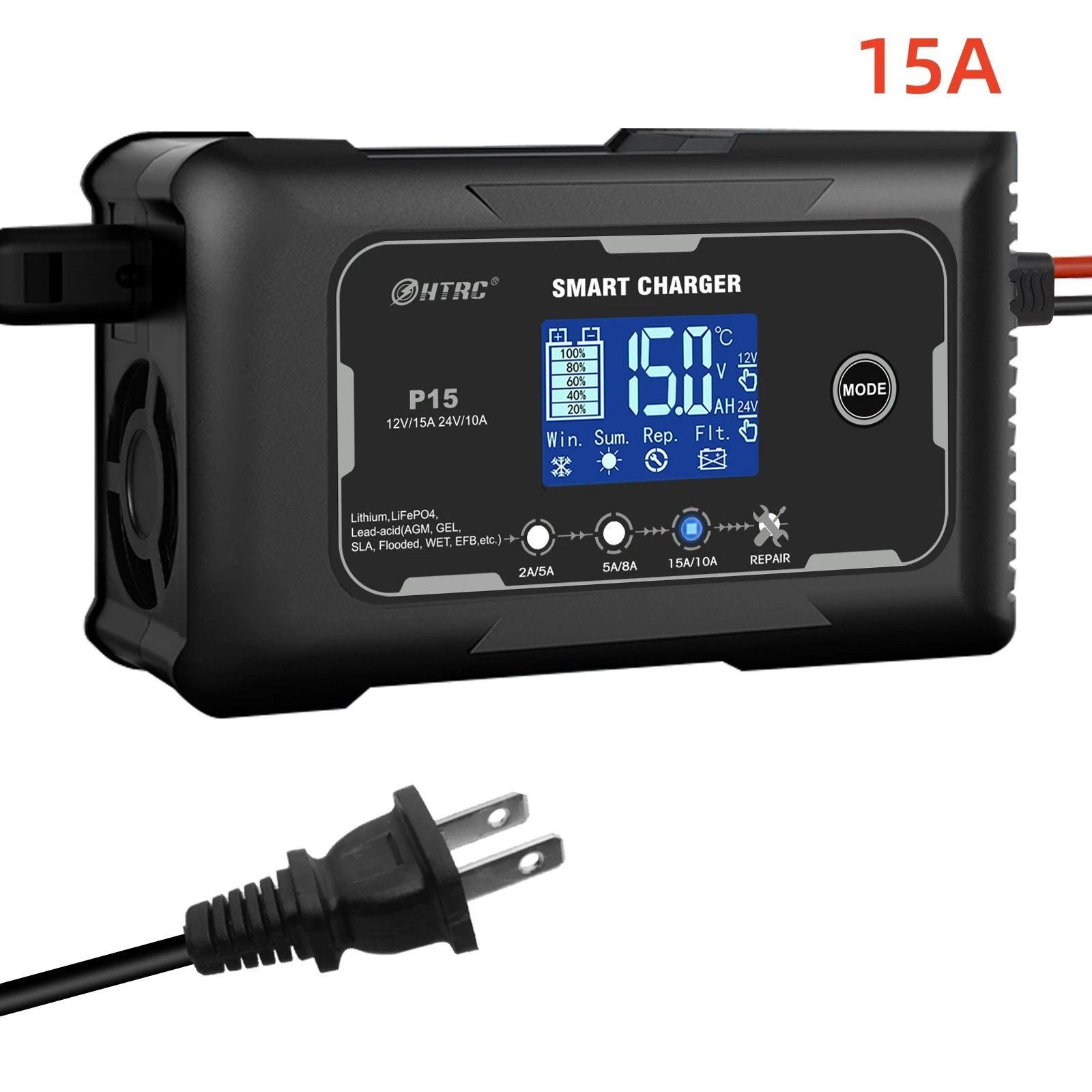 HTRC 12V/24V Car Motorcycle Charger 10A/15A/20A For Lithium LiFePO4 AGM GEL Lead-Acid Battery Automatic LiFePO4 Battery Charger - VirtuousWares:Global