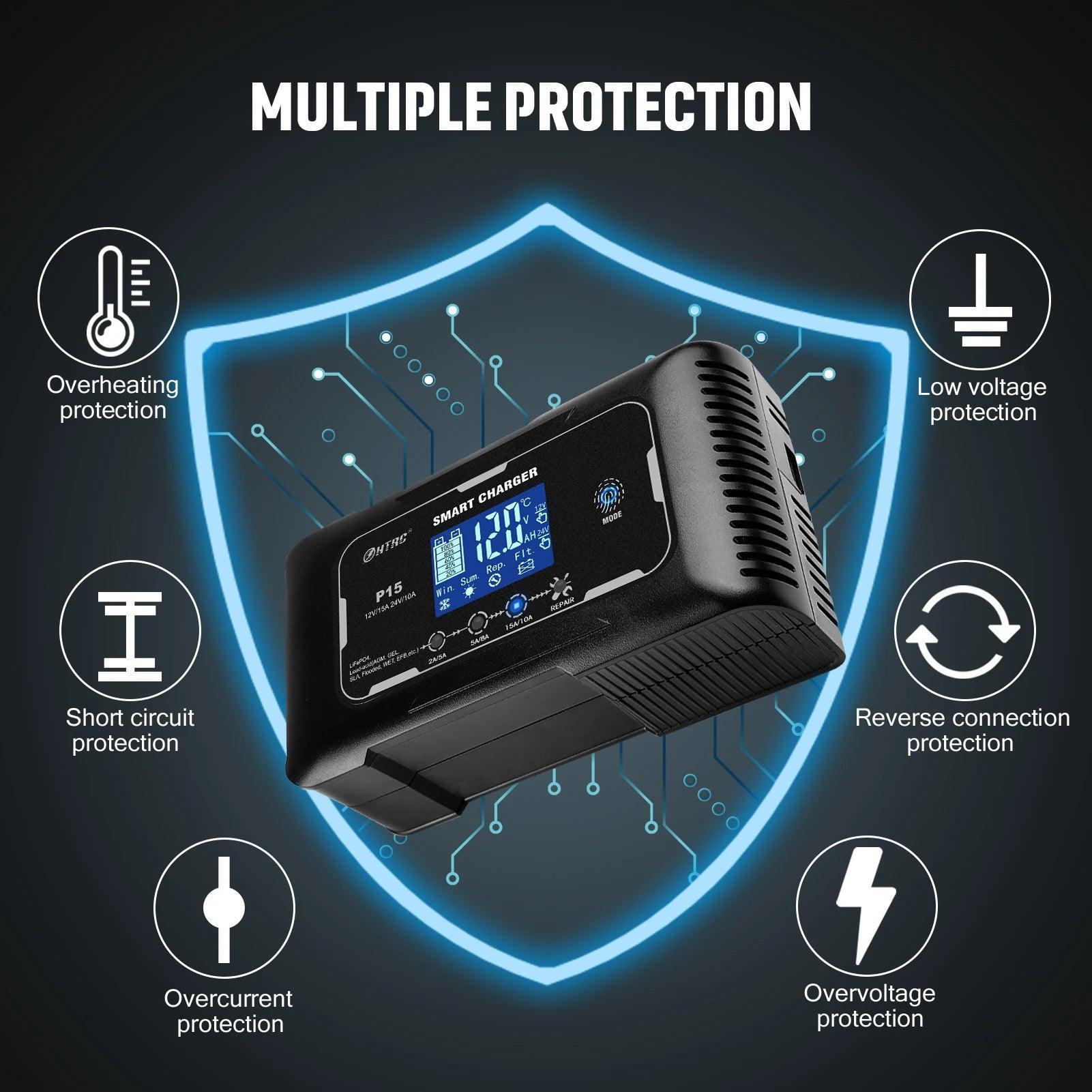 HTRC 12V/24V Car Motorcycle Charger 10A/15A/20A For Lithium LiFePO4 AGM GEL Lead-Acid Battery Automatic LiFePO4 Battery Charger - VirtuousWares:Global