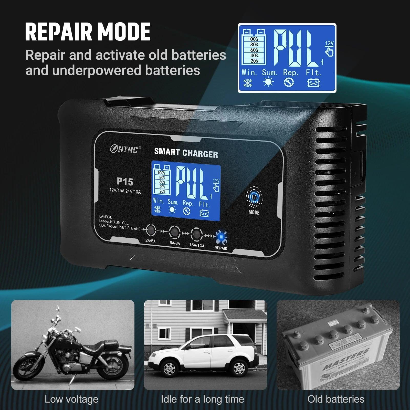 HTRC 12V/24V Car Motorcycle Charger 10A/15A/20A For Lithium LiFePO4 AGM GEL Lead-Acid Battery Automatic LiFePO4 Battery Charger - VirtuousWares:Global
