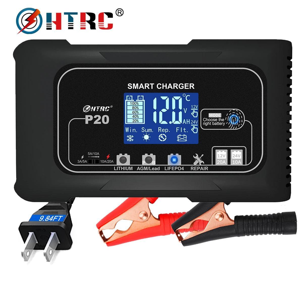 HTRC 15A/20A Smart Battery Charger Automatic Pulse Repair Charge for Lead-Acid Lithium LiFePO4 Battery Car Motorcycle Charger - VirtuousWares:Global