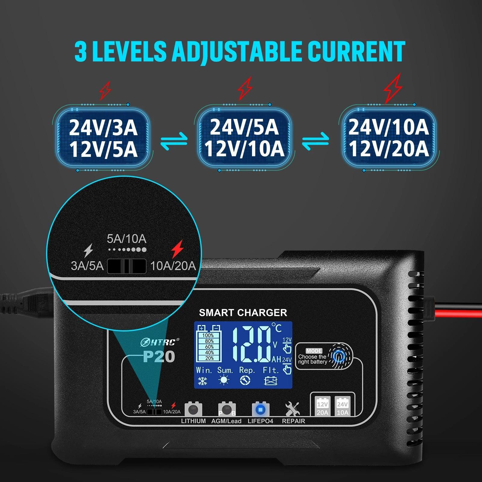 HTRC 15A/20A Smart Battery Charger Automatic Pulse Repair Charge for Lead-Acid Lithium LiFePO4 Battery Car Motorcycle Charger - VirtuousWares:Global