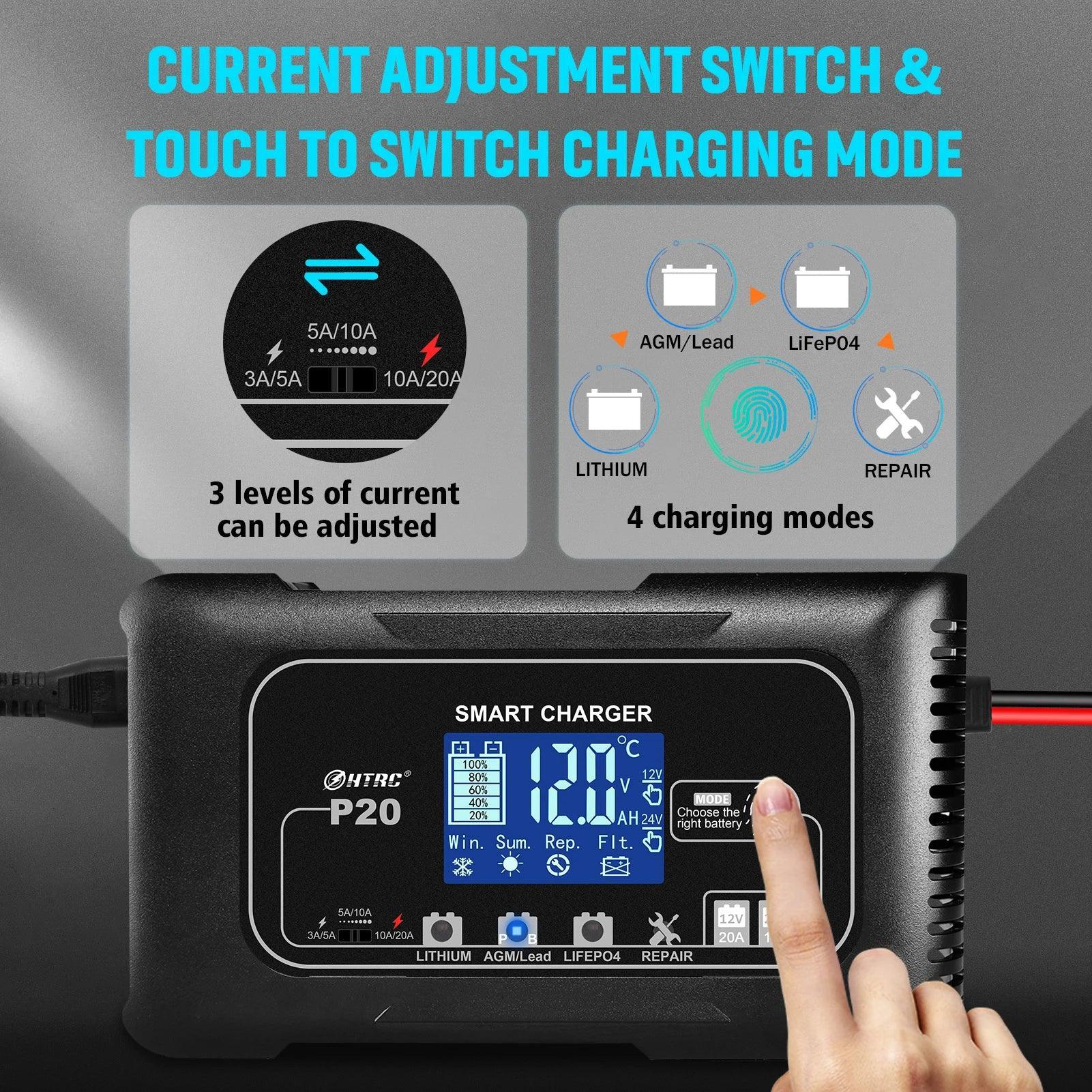 HTRC 15A/20A Smart Battery Charger Automatic Pulse Repair Charge for Lead-Acid Lithium LiFePO4 Battery Car Motorcycle Charger - VirtuousWares:Global