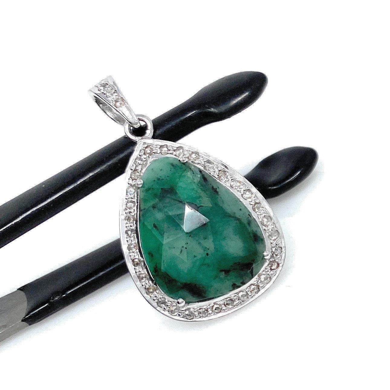 Emerald Diamond Pendant, Natural Emerald Sterling Silver Pendant, May