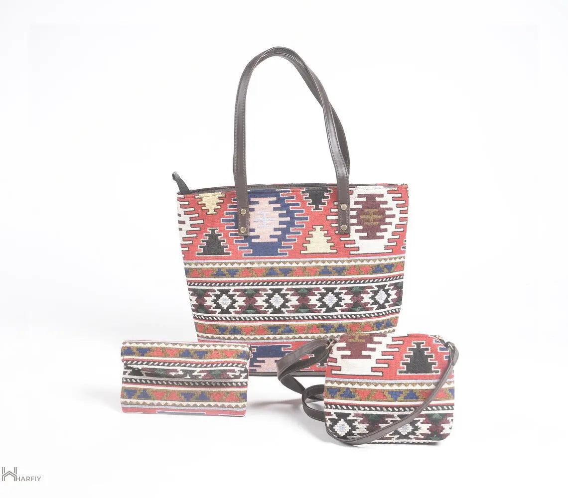 Jacquard Weave Red Tote, Sling & Wallet Set - VirtuousWares:Global